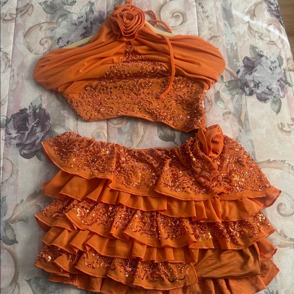 Outcast Orange Ruffle Sequin Halter Dress